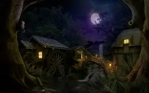 Fantasy Cottage In The Moonlight Wallpaper
