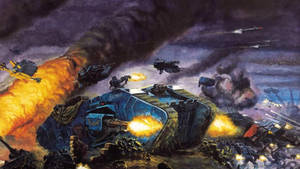 Fearsome Space Marines In A Powerful Tank Set Out On A Mission In The Warhammer 40k Universe Wallpaper
