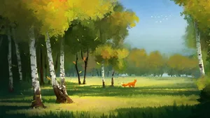 Fox In Forest Painting Desktop Wallpaper