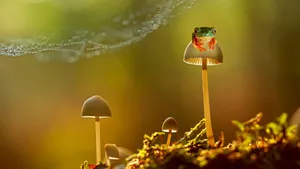 Frog_ Perched_on_ Mushroom_ Backlit_by_ Sunlight Wallpaper