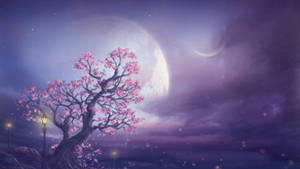 Galaxy Moon And Cherry Blossom Tree Wallpaper