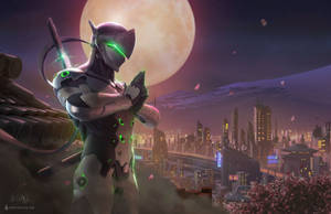 Genji Stands Tall On A Rooftop, Surveying The Modern Cityscape Wallpaper