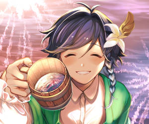 Genshin Venti Holding Up A Mug Wallpaper