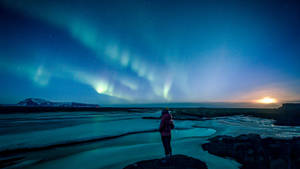 Girl Alone Aurora Borealis Wallpaper