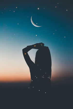 Girl Silhouette Night Sky Moon Wallpaper