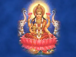 Goddess Lakshmi With Elephants Blue Aesthetic Hd Wallpaper