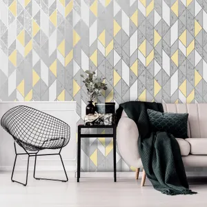 Gray And Yellow Geometric Living Room Wallpaper