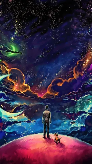 Guy And Dog On A Meadow Digital Art Wallpaper