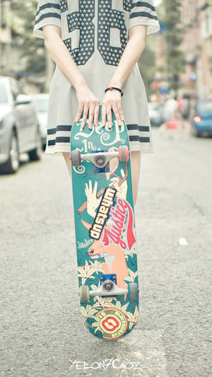 Half Body Of Girl With Skateboard Iphone Wallpaper