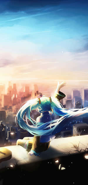 Hatsune Miku Rooftop City View Phone Wallpaper