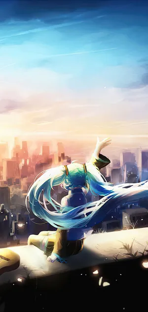 Hatsune Miku Rooftop City View Phone Wallpaper