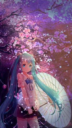 Hatsune Miku With Cherry Blossoms Phone Wallpaper