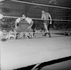 Haystacks Calhoun Versus Three Wrestlers In Fairgrounds Expo Wallpaper