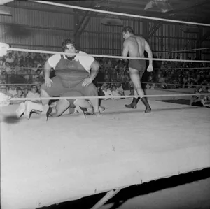 Haystacks Calhoun Versus Three Wrestlers In Fairgrounds Expo Wallpaper
