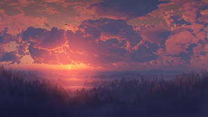 Hazy Forest Sunrise Digital Art Wallpaper