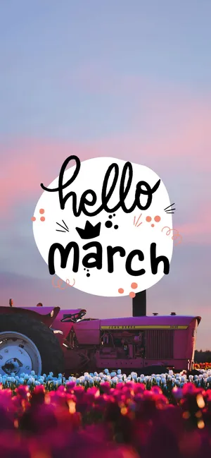 Hello March Red Tractor On Field Of Flowers Wallpaper