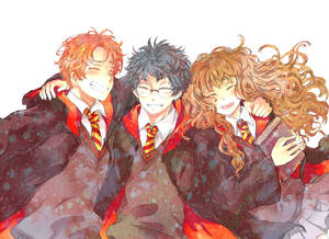 Hermione Granger, Harry Potter, And Ron Weasley Enjoying A Day At Hogwarts Wallpaper