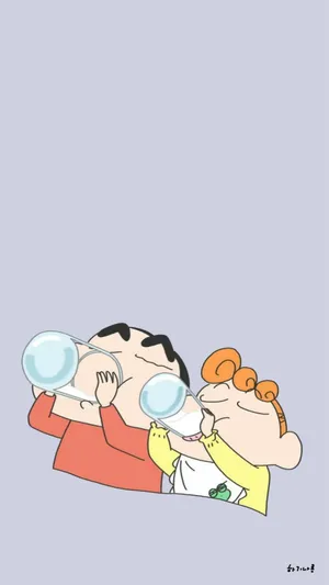 Himawari And Shinchan Aesthetic Drinking Milk Wallpaper