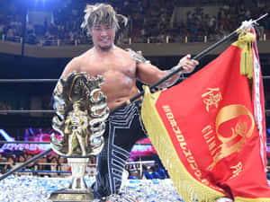 Hiroshi Tanahashi Victory Pose With Trophy And Flag Wallpaper