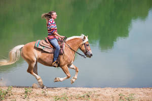 Horse Riding Gallop Woman Water Lake Wallpaper