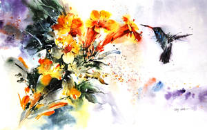 Hummingbird And Flowers Painting Wallpaper