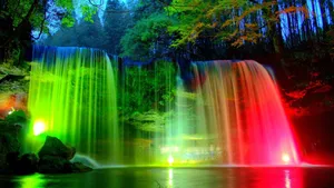 Illuminated Nabegataki Falls Japan Waterfall Desktop Wallpaper