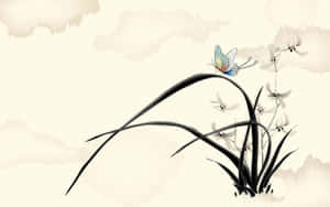 Ink Style Butterflyand Flowers Wallpaper