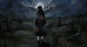 Itachi Aesthetic Wearing Akatsuki Cloud Robe Walking In Graveyard Under Moon Night Wallpaper