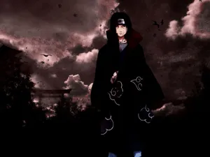 Itachi Aesthetic Wearing Akatsuki Cloud Robe With Crows Flying In Dark Clouds. Wallpaper