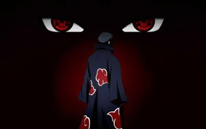 Itachi Aesthetic Wearing Akatsuki Robe Facing Large Sharingan Eyes Wallpaper