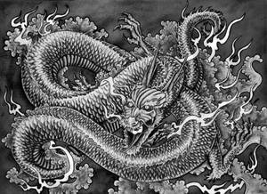 Japanese Dragon Art In Greyscale Color Wallpaper