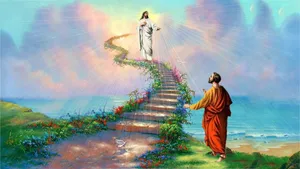 Jesus In Heaven Walks On Beautiful Stairs Wallpaper
