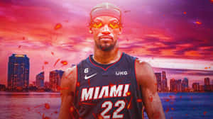 Jimmy Butler Miami Heat Vibrant Cityscape Wallpaper