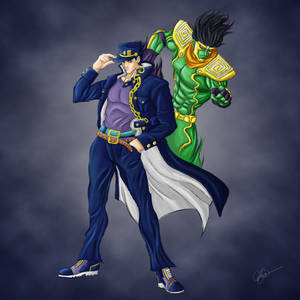 Jotaro Kujo And Star Platinum Engaged In Battle Wallpaper