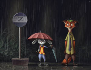 Judy Hopps Nick Wilde In Rain Wallpaper