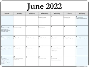 June 2021 Calendar With Holidays And Events Wallpaper