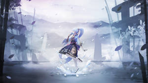 Kamisato Ayaka Gracefully Navigating Icy Steps Wallpaper