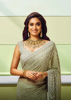 Keerthi Suresh Stunning In Soft Olive Green Saree Wallpaper