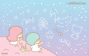 Kiki And Lala Of Sanrio's Little Twin Stars Over A Vibrant Purple Backdrop Wallpaper