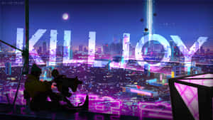 Kill Joy - A Neon City With A Man On Top Wallpaper