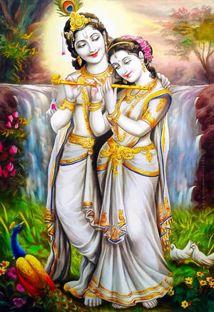 Krishna Bhagwan And Radha In White Wallpaper