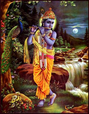 Krishna Phone Playing Flute By Waterfall Wallpaper