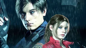 Leon And Claire Brave The Dangerous Rain In Raccoon City Wallpaper