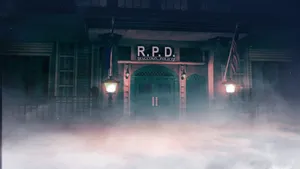Leon Kennedy's Venture Through The Fog Enveloping Rpd Building Wallpaper