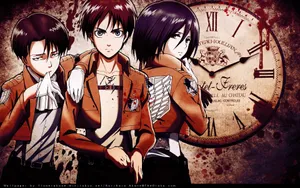 Levi Ackerman, Eren Jaeger, And Mikasa Ackerman Unite Wallpaper