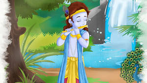 Little Krishna In Waterfalls Wallpaper