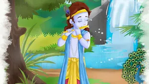Little Krishna In Waterfalls Wallpaper