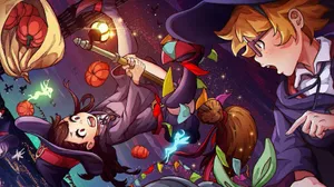 Little Witch Academia Characters With Pumpkins Wallpaper