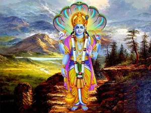 Lord Vishnu Standing On A Mountain Wallpaper