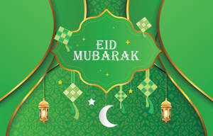 Luxury Eid Mubarak Celebration With Golden Crescent Moon And Lanterns Decoration Wallpaper